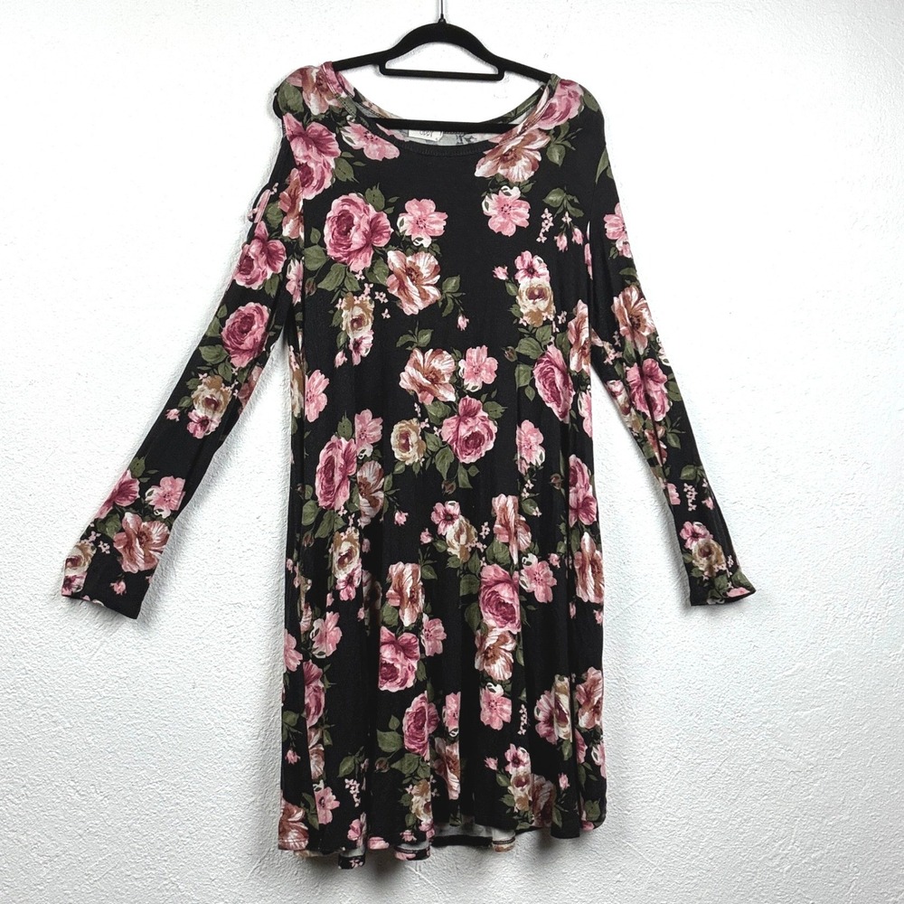 Oddi Black Floral Tunic Dress - L - Long Sleeve Lattice Shoulder Boho D20436